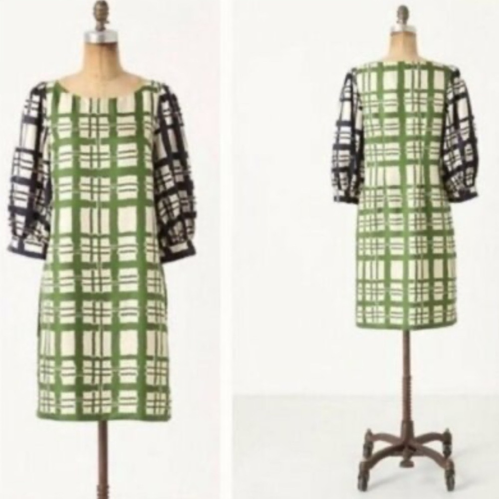 Anthropologie Green and Black Checkered Long Sleeve Dress broken blocks